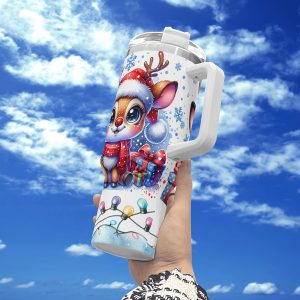 Gobelet isotherme en acier inoxydable de 40 onces à thème de Noël avec motif mignon de cerf, couvercle et paille - sans BPA, idéal pour Halloween, Noël, la Fête des Pères et la Fête des Mères