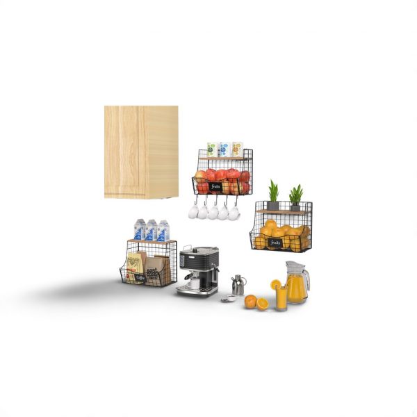 3 pcs de fruits de cuisine à couvercle en bois - stockage mural d&apos;oignons et de pommes de terre avec plaque signalétique, panier suspendu en fil métallique armoire de rangement de comptoir de cuisine