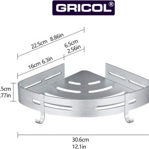 GRICOL Étagère d&apos;angle de douche sans perçage - En métal - Avec 2 crochets - Avec autocollant - Pour salle de bain et cuisine - Argenté