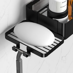 Cooeco Etagere Douche, Etagere Salle de Bain Sans Percage 2 Pièces Avec Porte Savon Douche et Crochet Rangement Douche Porte gel Douche Salle de Bain, Noir