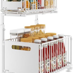 Rangement sous Évier en Métal à 2 Niveaux avec Tiroir de Rangement Coulissant Étagère sous Évier Organiseur pour Cuisine et Salle de Bain Acier au Carbone Hauteur Réglable Noir-1 Pack