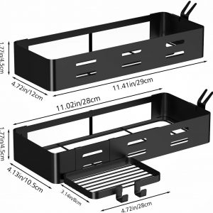 Cooeco Etagere Douche, Etagere Salle de Bain Sans Percage 2 Pièces Avec Porte Savon Douche et Crochet Rangement Douche Porte gel Douche Salle de Bain, Noir