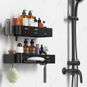 Cooeco Etagere Douche, Etagere Salle de Bain Sans Percage 2 Pièces Avec Porte Savon Douche et Crochet Rangement Douche Porte gel Douche Salle de Bain, Noir