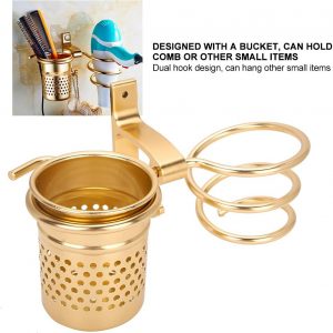 Wakects Porte-sèche-cheveux avec tasse murale, support pour sèche-cheveux mural en aluminium, porte-téléphone mural avec vis de fixation pour salle de bain, douche, hôtel barbier or