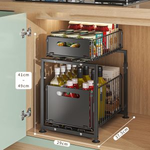 Rangement sous Evier 2 Niveaux Organisateur de Cuisine en Métal étagère à épices Organiseur Coulissant Noir, Modèle-A