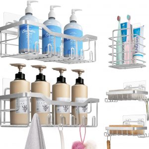 Etagère Douche sans Percage, 5 PCS Etagere Rangement Salle de Bain, Etagere, Accessoire en Acier Inoxydable 304, Rangement Douche Doré