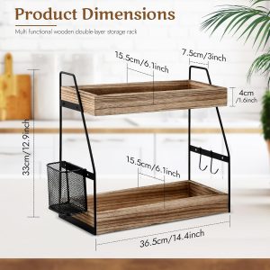 2 Niveaux Etagere a Epices, 35,5x17x33cm, Organisateur de Bureau avec Panier Suspendu et 2 Crochets, Meuble Etagere Rangement Placard Cuisine Porte Epices, Plan de Travail Bois Salle Manger Bains