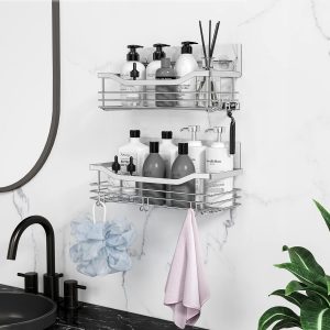 Orimade Inoxydable Serviteur de Douche Etagère avec 5 Crochets pour Salle de Bain Panier Toilette Cuisine Spice Rack Acier SUS304 sans Perçage - 2 Pack