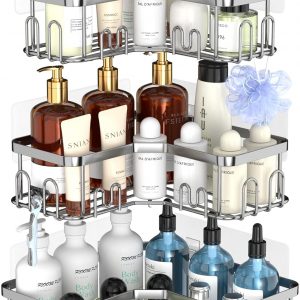 Menbyci Lot de 3 paniers de douche d&apos;angle, étagère de douche d&apos;angle avec 18 crochets, étagères de douche adhésives en acier inoxydable pour rangement de salle de bain argent
