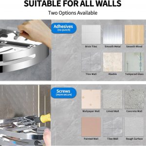 RCQD Etagere Douche Sans Percage 2 Pièces,Etagere Salle de Bain Angle Rangement Salle de Bain Inox Auto-adhésif,Étagère avec douche Avec 4 Crochets Pour Stockage dans la douche Argent