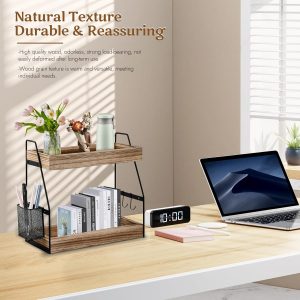 2 Niveaux Etagere a Epices, 35,5x17x33cm, Organisateur de Bureau avec Panier Suspendu et 2 Crochets, Meuble Etagere Rangement Placard Cuisine Porte Epices, Plan de Travail Bois Salle Manger Bains