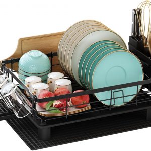 MAJALiS Egoutoire Vaisselle 2 Niveaux, Égouttoir Vaisselle Cuisine en Acier Inoxydable Noir avec Porte-Gobelets et Porte-Ustensiles, Tapis de Séchage