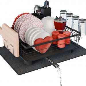 Egouttoir Vaisselle sur Evier avec Tapis Vaisselle Absorbant et système d&apos;évacuation Automatique vers l&apos;évier de la Cuisine - Organisateur Evier Cuisine 2 Niveaux