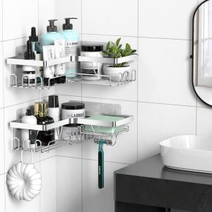 Kegii Support Douche Étagère de Douche sans Percage Etagere Salle Angle de Bain Coin Salle de Douche, Couleur Argent