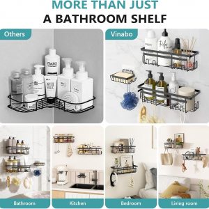Vinabo Etagere Salle de Bain avec Porte-Savon, 3PCS,Etagere Douche sans Percage, Accessoire Salle de Bain Antirouille, Rangement Douch avec Crochets, Essentiels pour la Salle Bain, Cuisine Noir
