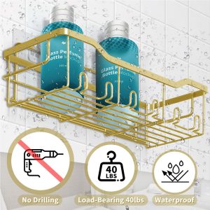 Etagère Douche sans Percage, 5 PCS Etagere Rangement Salle de Bain, Etagere, Accessoire en Acier Inoxydable 304, Rangement Douche Doré