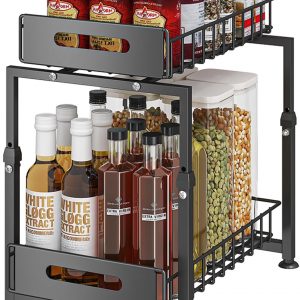 Rangement sous Evier 2 Niveaux Organisateur de Cuisine en Métal étagère à épices Organiseur Coulissant Noir, Modèle-A