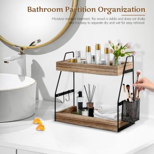 2 Niveaux Etagere a Epices, 35,5x17x33cm, Organisateur de Bureau avec Panier Suspendu et 2 Crochets, Meuble Etagere Rangement Placard Cuisine Porte Epices, Plan de Travail Bois Salle Manger Bains