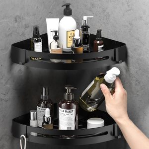 RCQD Etagere Douche Sans Percage 2 Pièces,Etagere Salle de Bain Angle Rangement Salle de Bain Inox Auto-adhésif,Étagère avec douche Avec 4 Crochets Pour Stockage dans la douche Argent