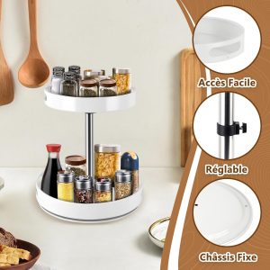 MEKOTRIN Étagère Épices 2 Niveaux, 360° Plateau Tournant pour Rangement Épices Cuisine, Porte-épices à Hauteur Réglable, Lazy Susan de Cuisine, Salon, Toilettes, Organisateur de CosmétiquesBlanc