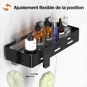 Cooeco Etagere Douche, Etagere Salle de Bain Sans Percage 2 Pièces Avec Porte Savon Douche et Crochet Rangement Douche Porte gel Douche Salle de Bain, Noir