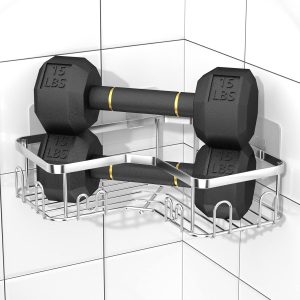 Menbyci Lot de 3 paniers de douche d&apos;angle, étagère de douche d&apos;angle avec 18 crochets, étagères de douche adhésives en acier inoxydable pour rangement de salle de bain argent