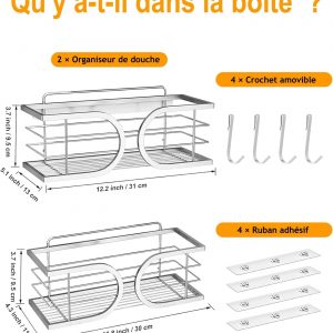 Adurei Etagère Douche Sans Percage Murale de Rangement pour Bouteilles de Shampoing Gel 304 Acier Inoxydable Grande Capacité Support Douche pour Salle de BainArgent