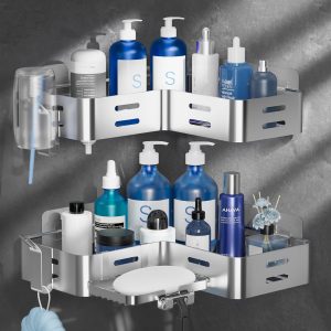 Cooeco Etagere Douche, Etagere Salle de Bain Sans Percage 2 Pièces Avec Porte Savon Douche et Crochet Rangement Douche Porte gel Douche Salle de Bain, Noir