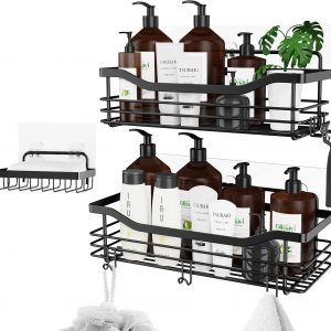 Orimade Inoxydable Serviteur de Douche Etagère avec 5 Crochets pour Salle de Bain Panier Toilette Cuisine Spice Rack Acier SUS304 sans Perçage - 2 Pack