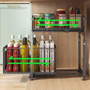 Rangement sous Evier 2 Niveaux Organisateur de Cuisine en Métal étagère à épices Organiseur Coulissant Noir, Modèle-A