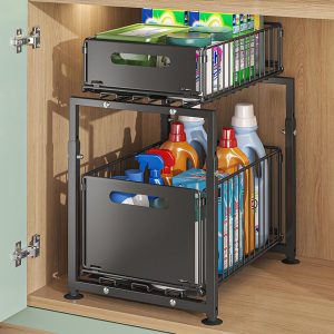 Rangement sous Evier 2 Niveaux Organisateur de Cuisine en Métal étagère à épices Organiseur Coulissant Noir, Modèle-A
