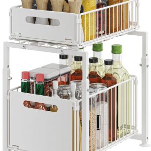 Rangement sous Evier 2 Niveaux Organisateur de Cuisine en Métal étagère à épices Organiseur Coulissant Noir, Modèle-A