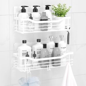 Orimade Inoxydable Serviteur de Douche Etagère avec 5 Crochets pour Salle de Bain Panier Toilette Cuisine Spice Rack Acier SUS304 sans Perçage - 2 Pack