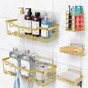 Etagère Douche sans Percage, 5 PCS Etagere Rangement Salle de Bain, Etagere, Accessoire en Acier Inoxydable 304, Rangement Douche Doré