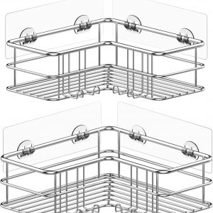 Menbyci Lot de 3 paniers de douche d&apos;angle, étagère de douche d&apos;angle avec 18 crochets, étagères de douche adhésives en acier inoxydable pour rangement de salle de bain argent