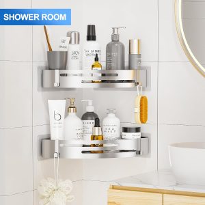 PNNP Etagere Douche Sans Percage Angle: Lot de 2 Etagere Salle de Bain Acier Inoxydable, Rangement Douche pour Bouteilles de Shampoing gel, Porte Savon Douche - Argent