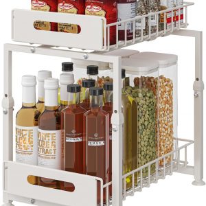 Rangement sous Evier 2 Niveaux Organisateur de Cuisine en Métal étagère à épices Organiseur Coulissant Noir, Modèle-A