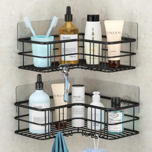 Menbyci Lot de 3 paniers de douche d&apos;angle, étagère de douche d&apos;angle avec 18 crochets, étagères de douche adhésives en acier inoxydable pour rangement de salle de bain argent