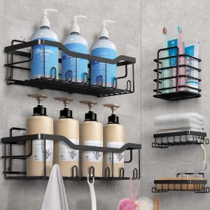 Etagère Douche sans Percage, 5 PCS Etagere Rangement Salle de Bain, Etagere, Accessoire en Acier Inoxydable 304, Rangement Douche Doré