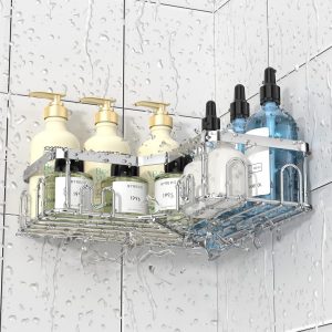 Menbyci Lot de 3 paniers de douche d&apos;angle, étagère de douche d&apos;angle avec 18 crochets, étagères de douche adhésives en acier inoxydable pour rangement de salle de bain argent