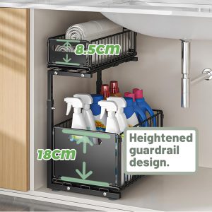Rangement sous Évier en Métal à 2 Niveaux avec Tiroir de Rangement Coulissant Étagère sous Évier Organiseur pour Cuisine et Salle de Bain Acier au Carbone Hauteur Réglable Noir-1 Pack