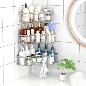Menbyci Lot de 3 paniers de douche d&apos;angle, étagère de douche d&apos;angle avec 18 crochets, étagères de douche adhésives en acier inoxydable pour rangement de salle de bain argent