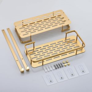 Étagère de Douche Sans Perçage, Etagere Salle de Bain avec Crochets Carré Tablette Murale pour Rangement 2 Étages, D&apos;or Champenois