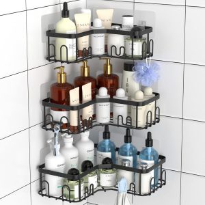 Menbyci Lot de 3 paniers de douche d&apos;angle, étagère de douche d&apos;angle avec 18 crochets, étagères de douche adhésives en acier inoxydable pour rangement de salle de bain argent