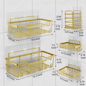 Etagère Douche sans Percage, 5 PCS Etagere Rangement Salle de Bain, Etagere, Accessoire en Acier Inoxydable 304, Rangement Douche Doré