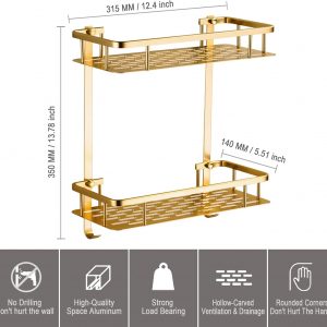 Étagère de Douche Sans Perçage, Etagere Salle de Bain avec Crochets Carré Tablette Murale pour Rangement 2 Étages, D&apos;or Champenois