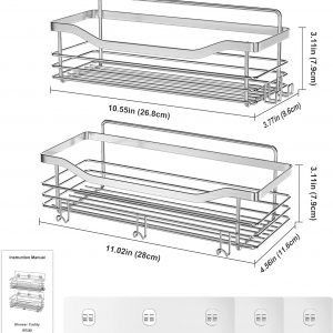 Orimade Inoxydable Serviteur de Douche Etagère avec 5 Crochets pour Salle de Bain Panier Toilette Cuisine Spice Rack Acier SUS304 sans Perçage - 2 Pack
