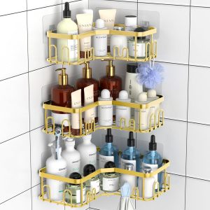 Menbyci Lot de 3 paniers de douche d&apos;angle, étagère de douche d&apos;angle avec 18 crochets, étagères de douche adhésives en acier inoxydable pour rangement de salle de bain argent