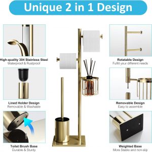 Porte-Papier Toilette en Acier Inoxydable Or avec Brosse WC et Panier d’Angle Rond. Design élégant, Durable, résistant à la Rouille et idéal pour Gagner de l’Espace