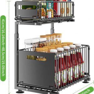 Rangement sous Évier en Métal à 2 Niveaux avec Tiroir de Rangement Coulissant Étagère sous Évier Organiseur pour Cuisine et Salle de Bain Acier au Carbone Hauteur Réglable Noir-1 Pack